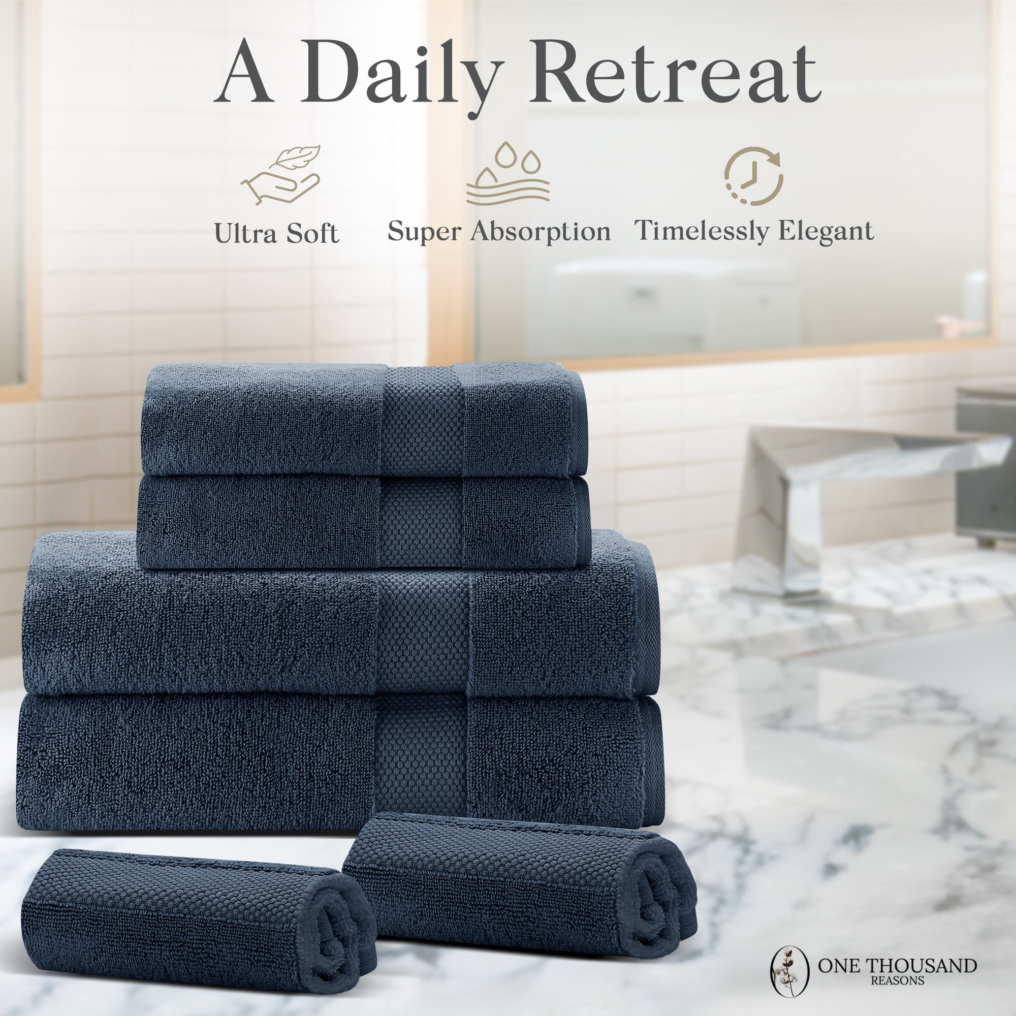 One Thousand Reasons Superior Zero Twist 1 Stripe Towel Set | Bath, Gym, Hand Towels | Luxury & Soft Cotton - Midnight (6 Pieces)