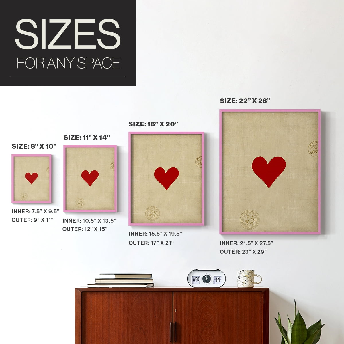 Small Heart Framed Print in Pink Solid Wood Framed Print No Nail Hanging
