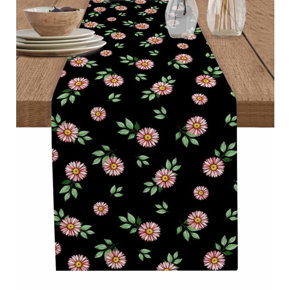 ERUNPONLY Pink Flower Table Runner - 72 Inch Long Daisies Leaves Wildflower Floral Black Cotton and Linen Blended Dress Scarves Farmhouse Table Runner for Kitchen Dining, Coffee Table, 13"x72"