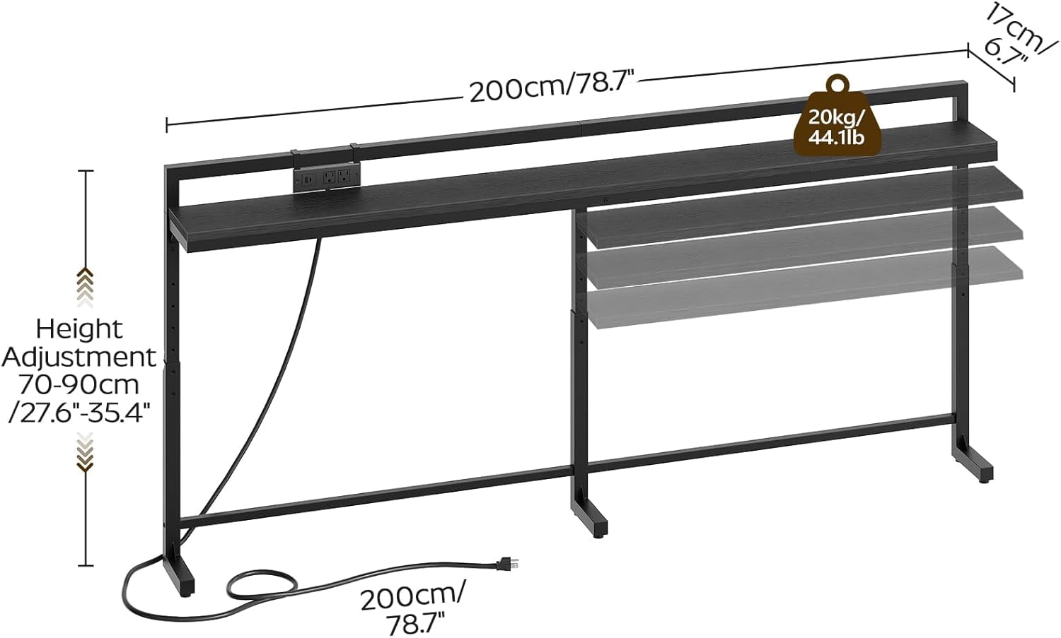 78.7'' Narrow Console Table Adjustable Height 27.6''-35.4'' with Outlet, Long Behind Couch Sofa Table Entryway Table Living Room Rustic Brown