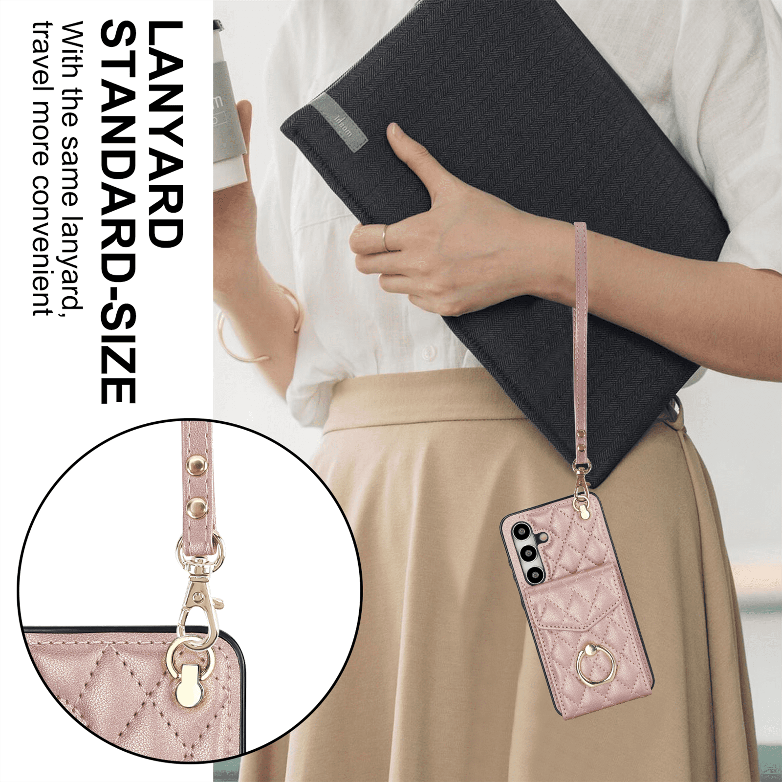 Asuwish Wallet RFID Blocking PU Leather Cell Phone Case with Tempered Glass Screen Protector, Wrist Strap for Samsung Galaxy S24 Plus, Rose Gold