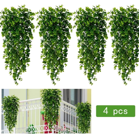 4 Pcs Artificial Hanging Plants, UV Resistant Faux Eucalyptus Vine Greenery, Fake Ivy for Outdoor Porch Patio, Indoor Room Wall Decor