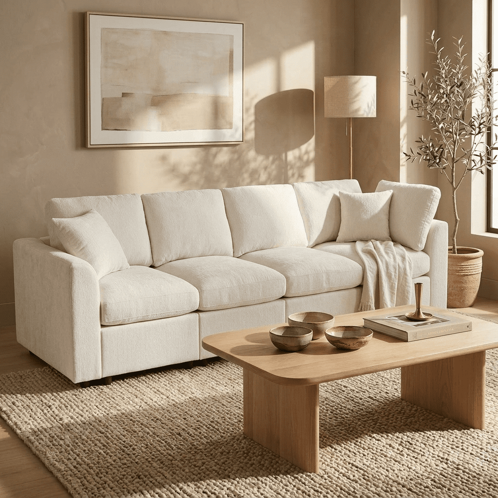 Howcool 130.3"W Modern 4-Seater Modular Sofa,Soft Chenille Upholstered Sofa Couch with Deep Seat & Accent Pillow for Living Room,Apartment,Gray