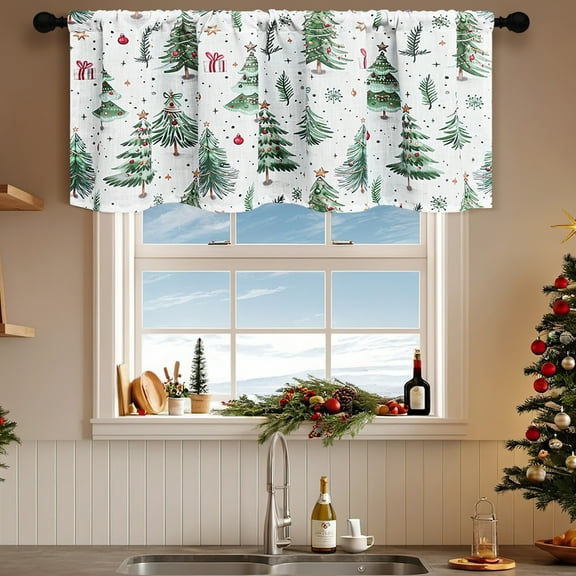 Christmas Curtains, Kitchen Curtains, Christmas forest Short Sunshade Partition Small Curtains, Polyester Green 55.12x27.56 Inches