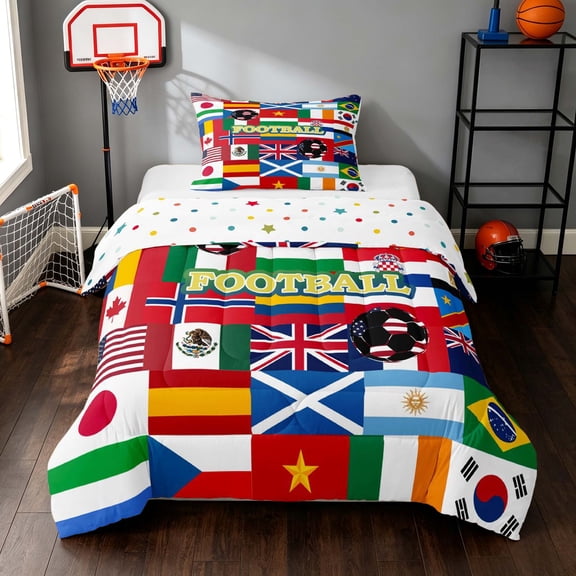 Manfei Football Sport Twin Comforter Sets, National Flags Bedding Set, Multicolor Red Blue Green, Polka Dots Reversible 2 Pieces 1 Comforter and 1 Pillowcase