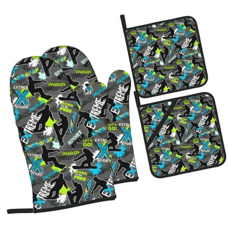 

Tebeau sport sonw board Print 4 Pcs Oven Mitts and Pot Holders 500°F High Heat Resistant Kitchen Oven Mitts with Pot holders Long Oven Mitts for Baking and Cooking