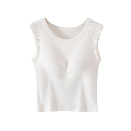 Deals Self Bra Sleeveless Shirts for Women Scooped Neck Tank Tops Plain Basic Camisole Loungewear Invisible Wireless Bras Padded Push Up Sports Underwear Build In Bra