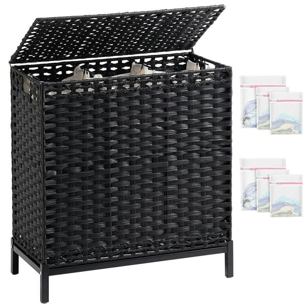 Cesto de lavandería con tapa, 132 L, (35 galones), cesta de ropa con tapa, cesta de lavandería de ratán tejida a mano con pies elevados de metal, cestas de lavandería con 3 bolsas extraíbles