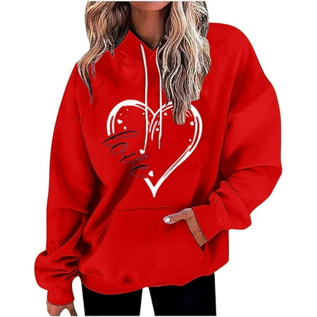 Clothing 2025 Delayuji Sweatshirts for Women 2025 Valentine s Day Cute Heart Shaped Printed Pullover Crewneck Shirt Spring/Autumn Womens Plus Size Sweatshirts Red Xl