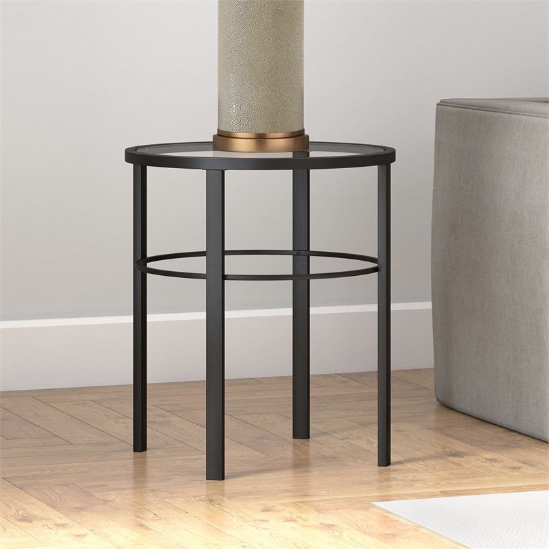 Minimalist Round Glass Side End Table, Night Stand in Blackened Bronze