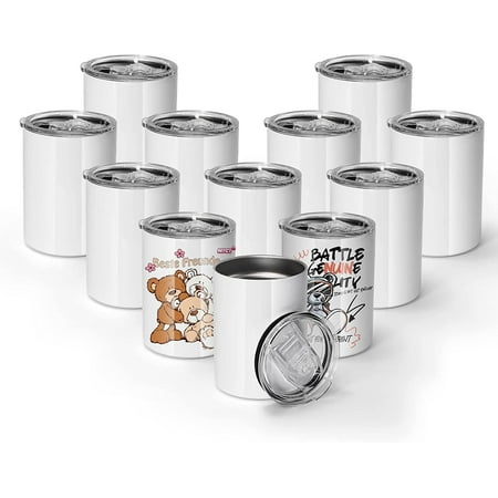 

10 oz White Sublimation Wine Tumblers Blanks 12 Pack Straight Stainless Steel Tumbler with Splash-proof Slide Lid and Metal Straw Straw Brush White Double Wall Vacuum Cups Bulk
