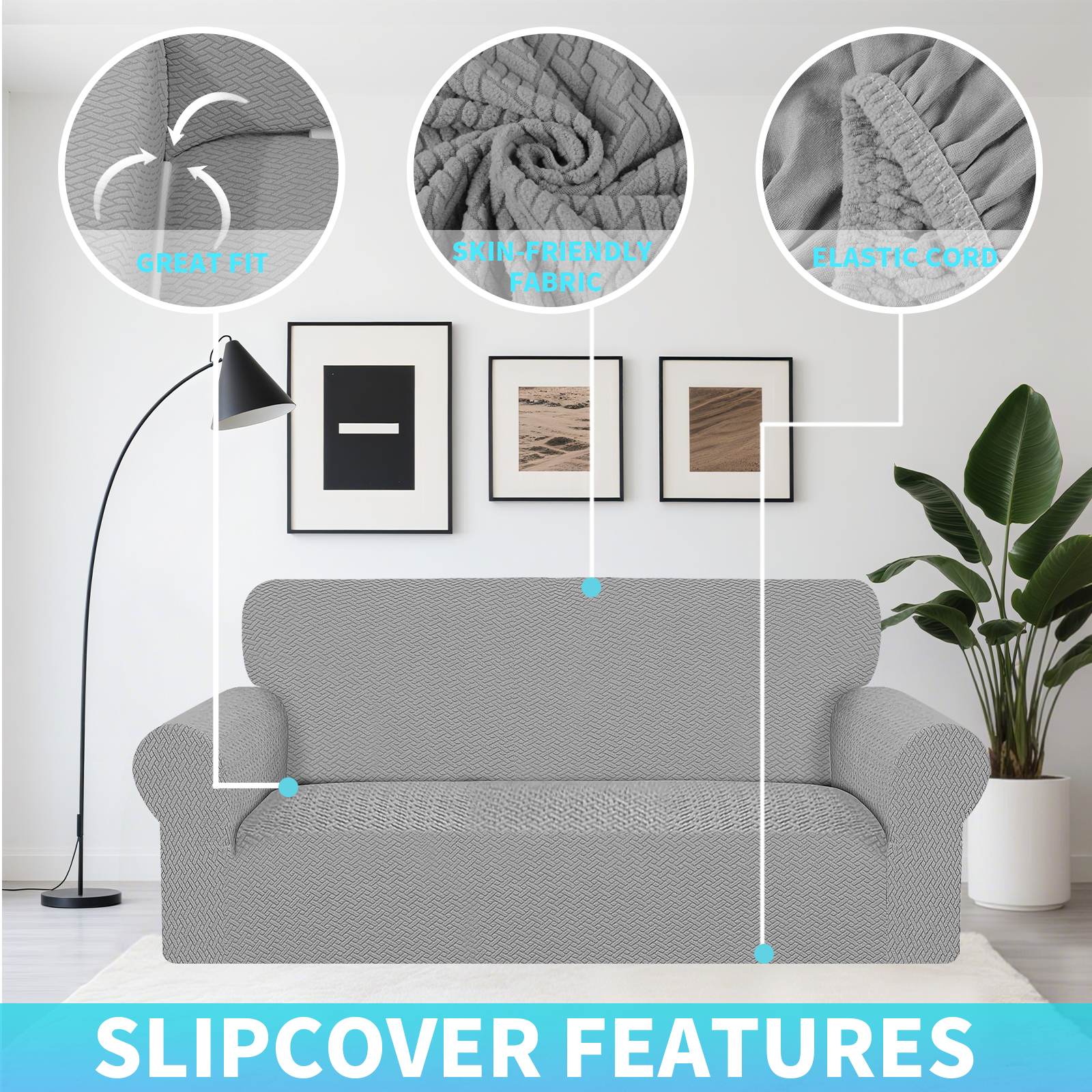 Debonair Stretch Jacquard Couch Cover with 1 Pillowcase, 1-Piece Soft Sofa Cover, Sofa Slipcover with Anti-Slip Foams, Washable Furniture Protector for Pets (Loveseat, Light Gray)