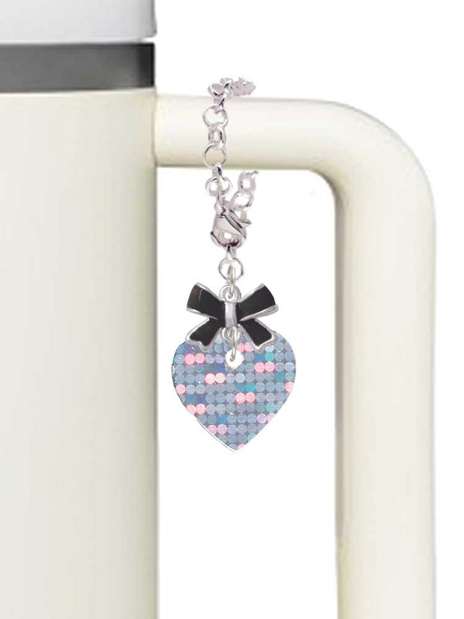Delight Jewelry Acrylic Small Hologram Heart - Silvertone Black Bow Charm Accessory for Tumblers and Thermal Cups