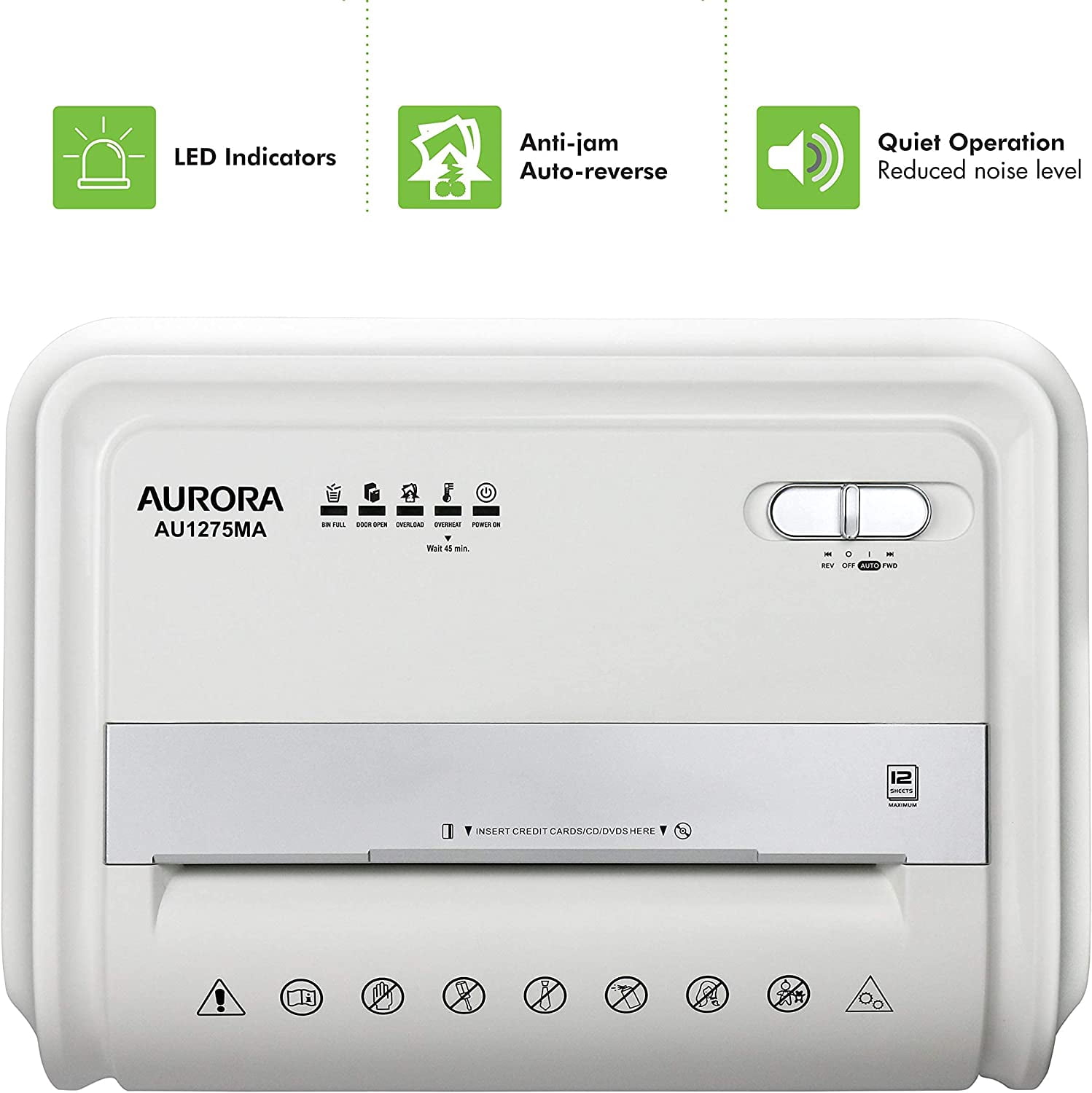 Aurora AU1275MA High-Security 12-Sheet Micro-Cut Shredder, Anti-Jam, CD/DVD Credit Card, Pullout Basket, 60 min Duty Cycle