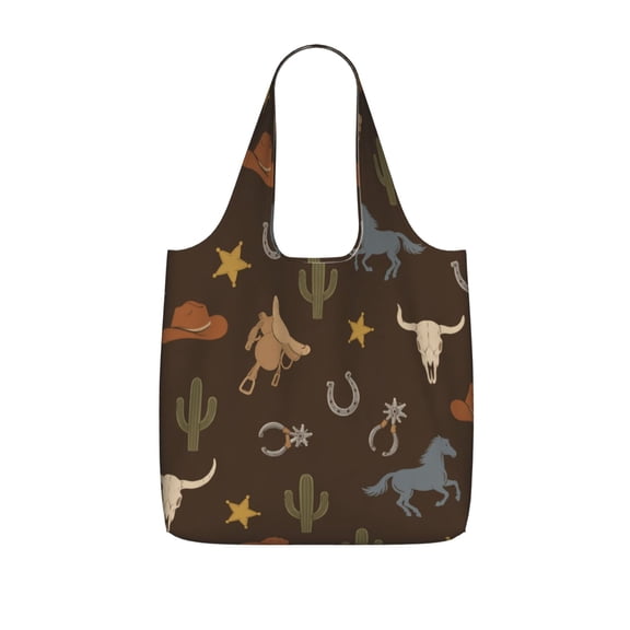 Classic Western Brown Pattern Foldable Reusable Shopping Bag Large Capacity Tote Handbag Storage Pouch for Travel Work
