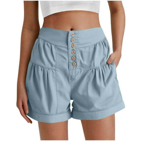 Lenpel Jean Shorts for Women Elastic High Waisted Ruffle Hem Pleated Wide Leg Denim Shorts Casual Summer Shorts with Pockets