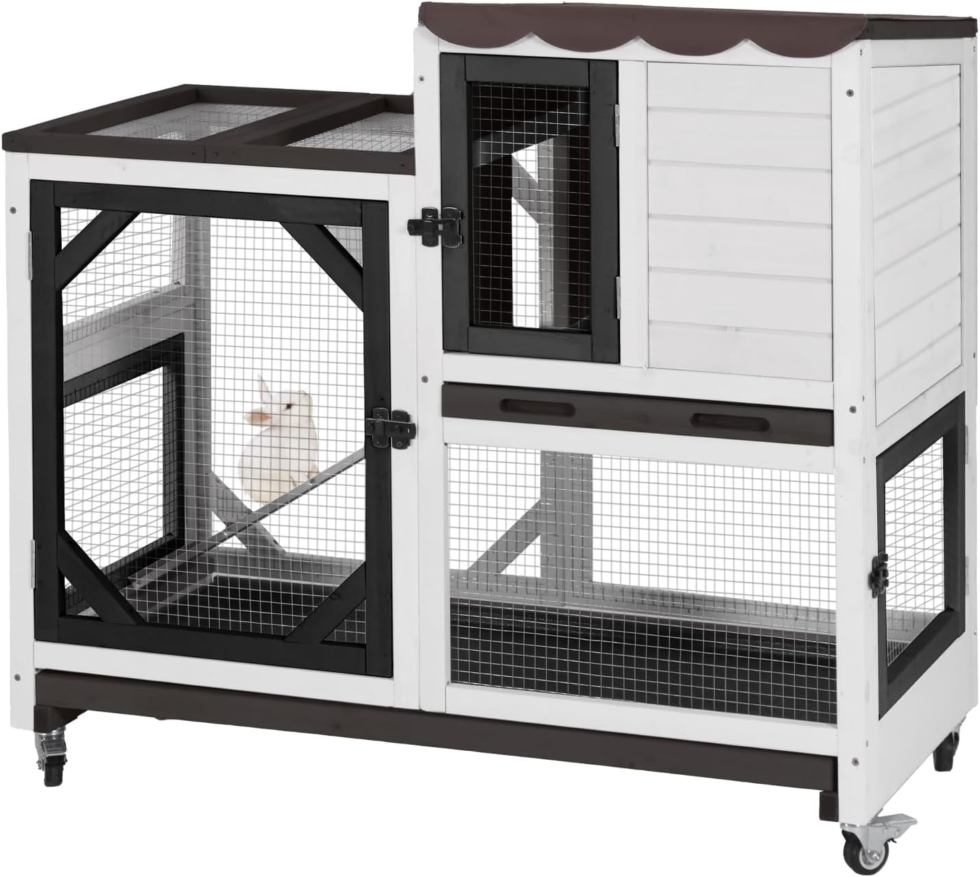 2-Story Rabbit Hutch Bunny Cage with Leak-Proof Trays & Chew-Proof Ramp - Indoor/Outdoor 39.3" Wooden Rabbit Cage with Wheels (Black)