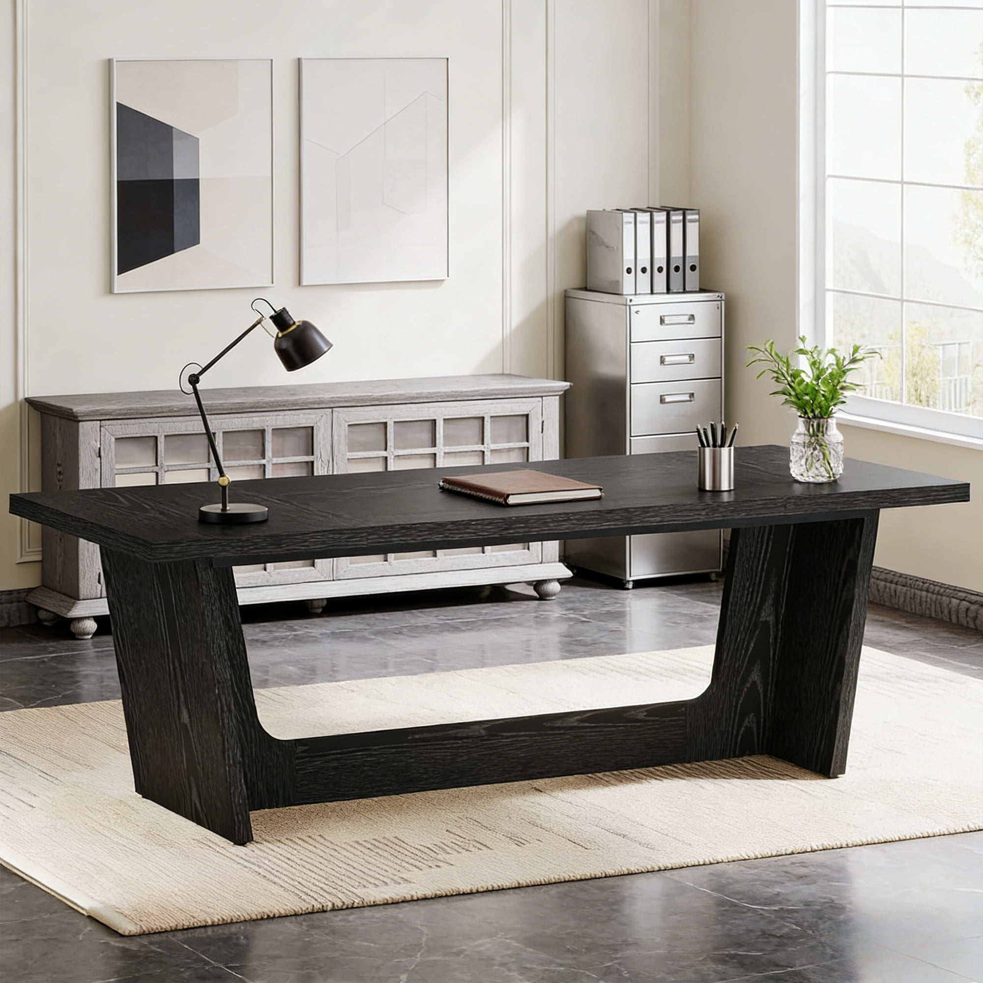 70.87-Inch Executive Computer Desk, Large Home Office Desk With Solid Wooden Pedestal, Industrial Black Wood Study Writing Table, 330LBS Heavy-Duty Workstation, Black Business Furniture