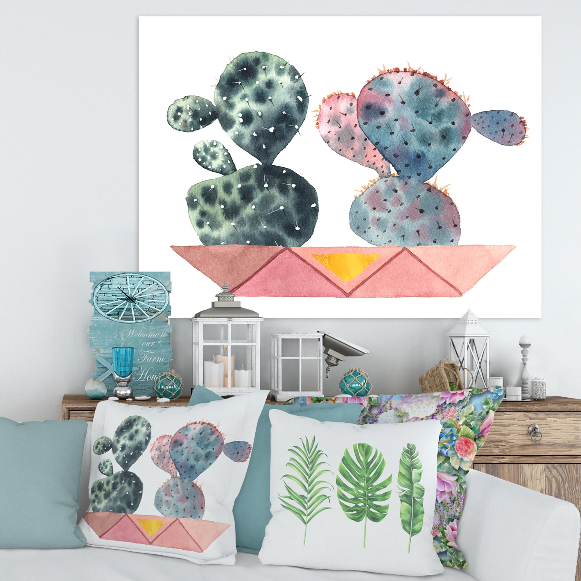 Designart ' Cactus Duo In Pink Pots Geometric ' Modern Canvas Wall Art Print