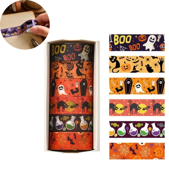 Halloween Washi Tape Set 6 Rolls, Decorative Masking Tape for Scrapbooking Journaling, Halloween Craft Tape for Party Decorations DIY Projects Gift Wrapping (D)