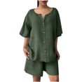 thumbnail image 3 of DDAPJ pyju Womens Casual 2 Piece Outfits Cotton Linen Set Short Sleeve Button Down Shirts High Waisted Shorts 2025 Summer Vacation Set Ofertas del día Army Green L, 3 of 10