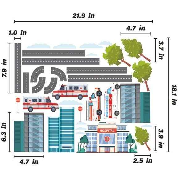 THE CITY - Kids Bedroom Vinyl Hospital Decoration Multicolored Design Adhesive Wall Decal Sheet - Removable DIY Stick & Peel City Hospital Adjustable Stickers Home Bedroom Wall Décor 21.9" x 18.1"