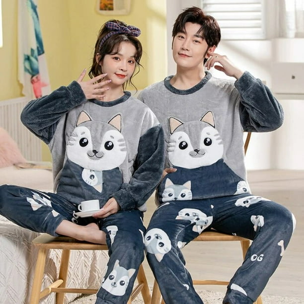 Conjunto de pijama de felpa de franela calida para hombre y mujer ropa de dormir de manga larga con cuello redondo dibujos animados dulces 32 estilos Invierno Walmart en linea