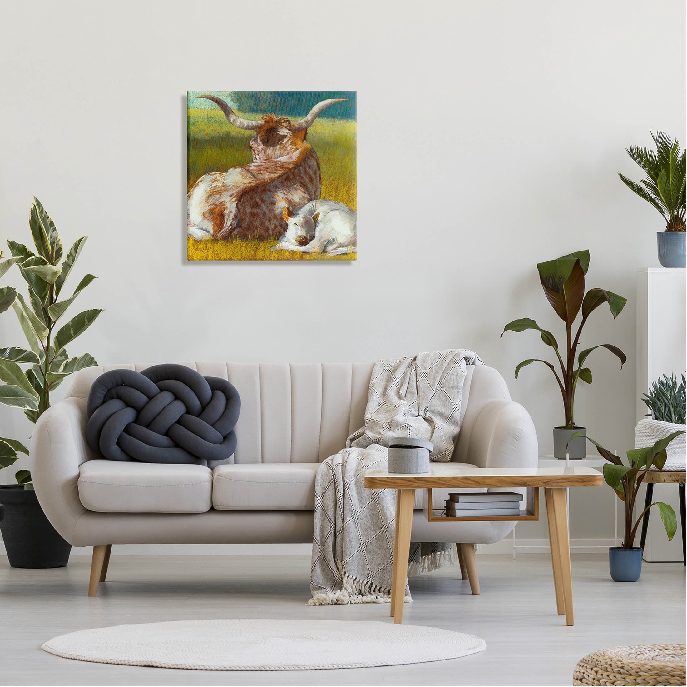 Longhorn Cattle Calf Resting Animals & Insects Painting Gallery Wrapped Canvas Print Wall Art