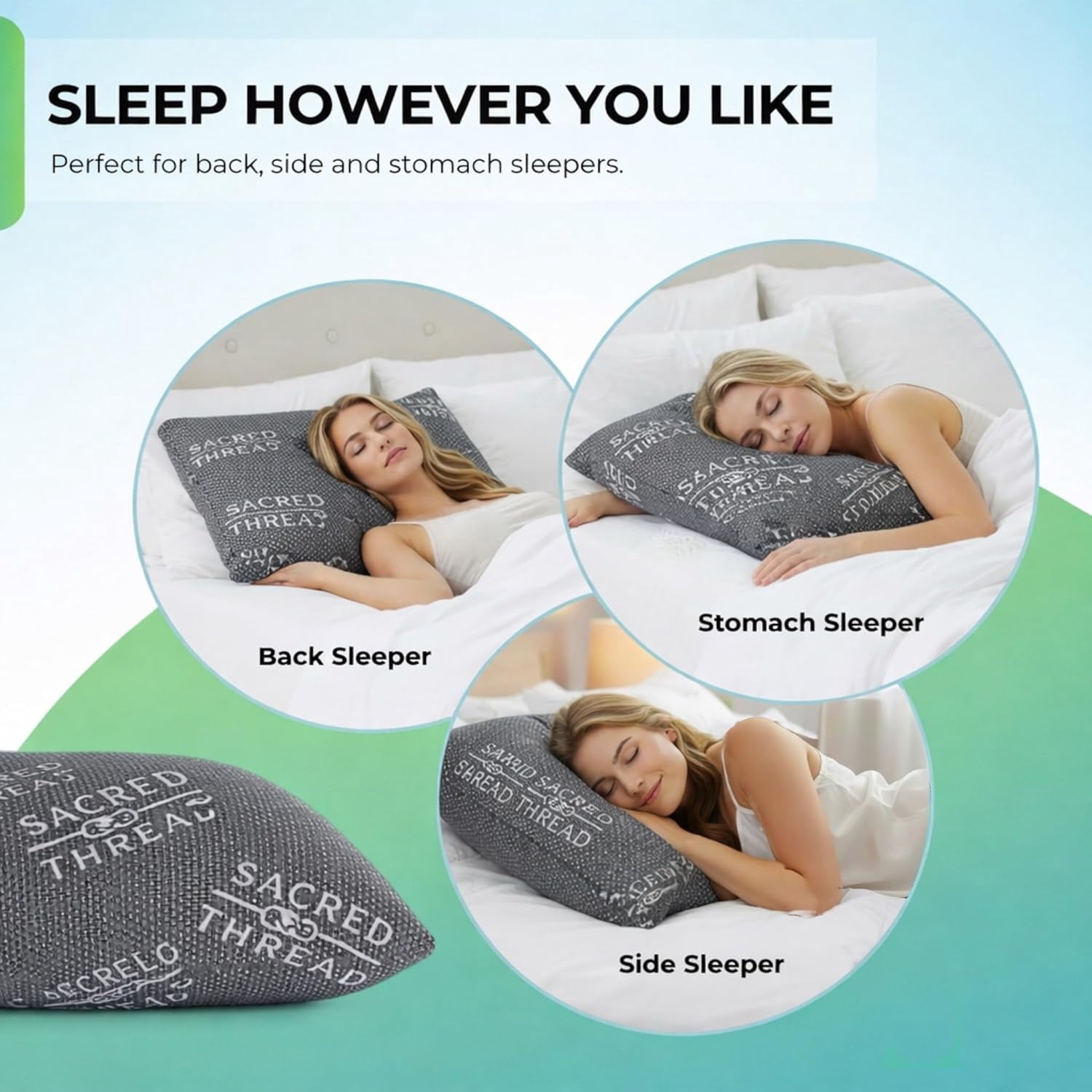 Sacred Thread Rayon Derived from Bamboo Cooling Pillow Filled with 100% Shredded Memory Foam. Adjustable Firmness. Rayon Derived from Bamboo Pillow (Grey) (2 Pack) (Queen)