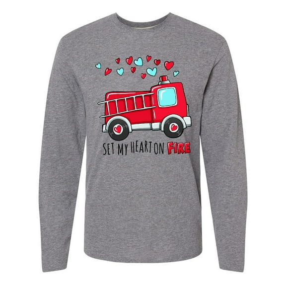 Inktastic Set My Heart on Fire Valentine Fire Truck with Hearts Long Sleeve T-Shirt