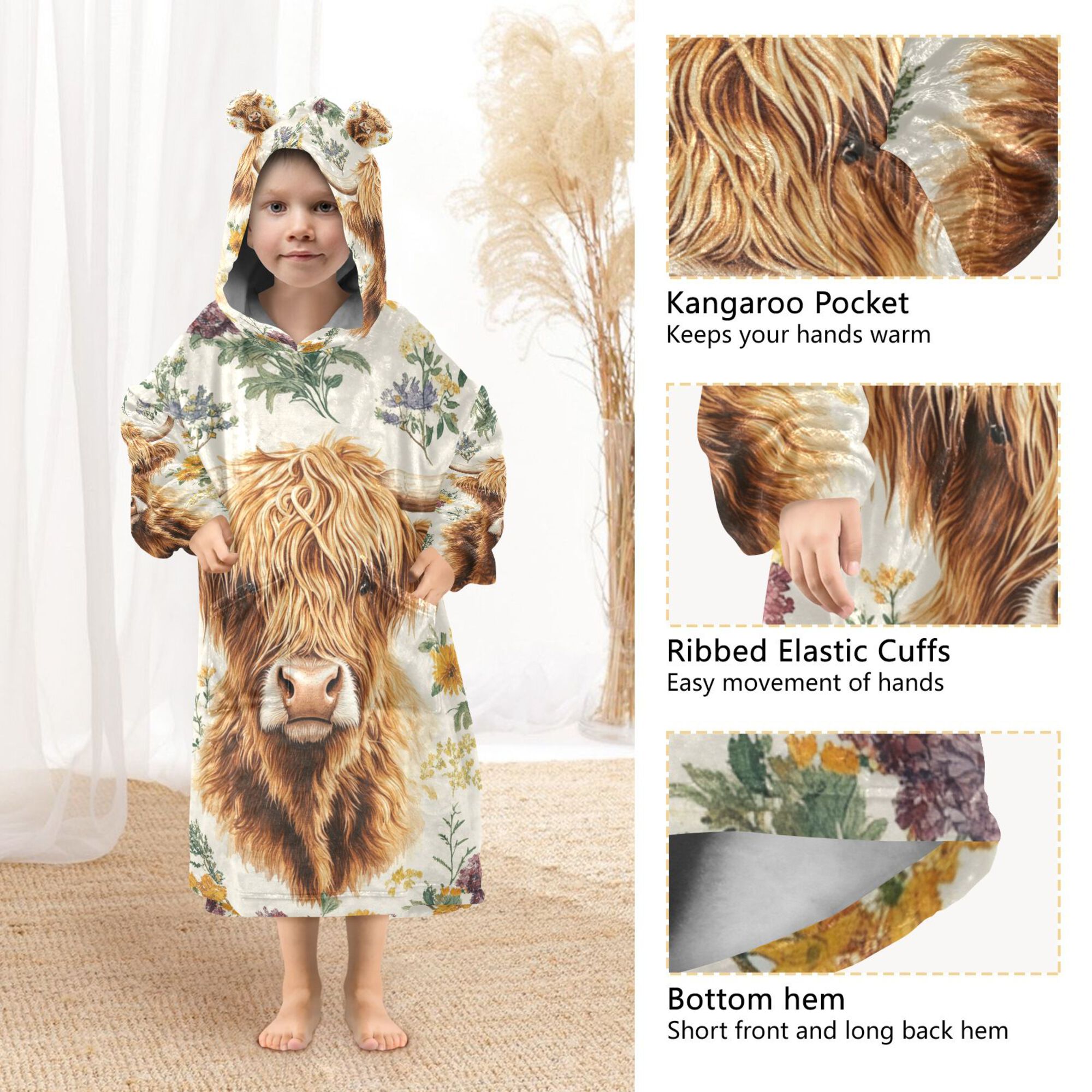 FORMRS Wearable Blanket Hoodie with Sleeves for Kids Cozy Flannel Sweatshirt, Floral Cow