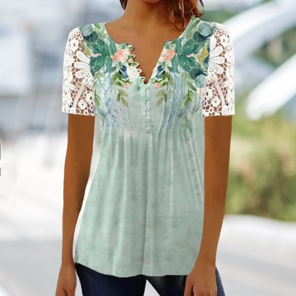 Blusa femenina con cuello en V y botones impresos para mujer para deportes al aire libre (verde L) FLhrweasw Para estrenar