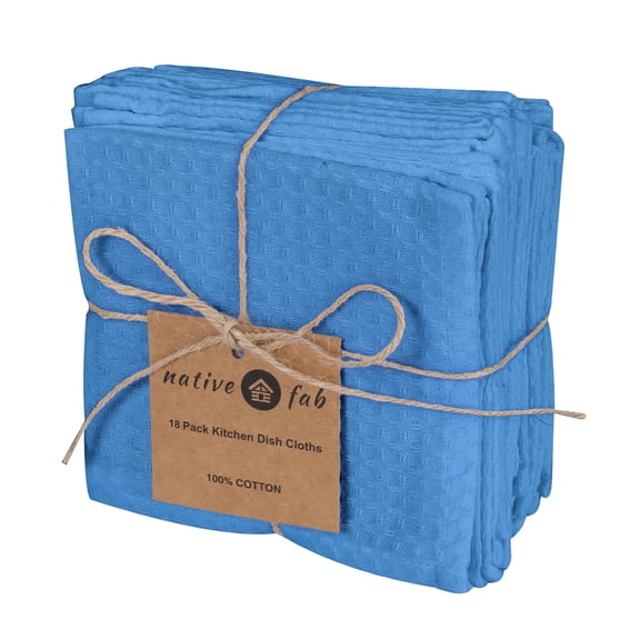 Native Fab 18 Pack Waffle Dish Cloths - Soft Cotton, Absorbent, Quick Drying, Washable Towels for Cleaning, Cooking, Baking - Ideal for Home, Restaurants, Hotels, Cafes, 12x12 inch - Sky Blue