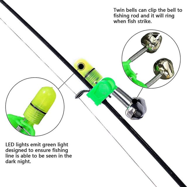 Led Twin Bells Aparejos de pesca Night Sea Fishing Rod Led Clip de luz con Twin Bells Ring Bits de pesca Indicador de alarma en ca?a de pescar Luz verde ShuxiuWang 8390605536212