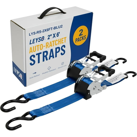 Leyso 2 Inch x 6 Ft Retractable Ratchet Straps, Auto Ratchet Straps with 3300 lbs Break Strength, Retractable Ratchet Tie Down Straps for Jet Skis, Motorcycles, Boats (2 Pack - Blue)