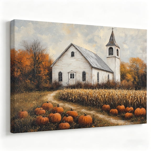 Autumn Country Church Canvas Wall Art Rustic Pumpkin Patch Oil Painting Poster Harvest Thanksgiving Decor Living Room Bedroom Print Ready to Hang 8*12