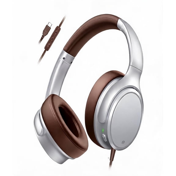 USB C Wired Over-Ear Headphones with Active Noise Cancelling and Built-in Microphone Silver
