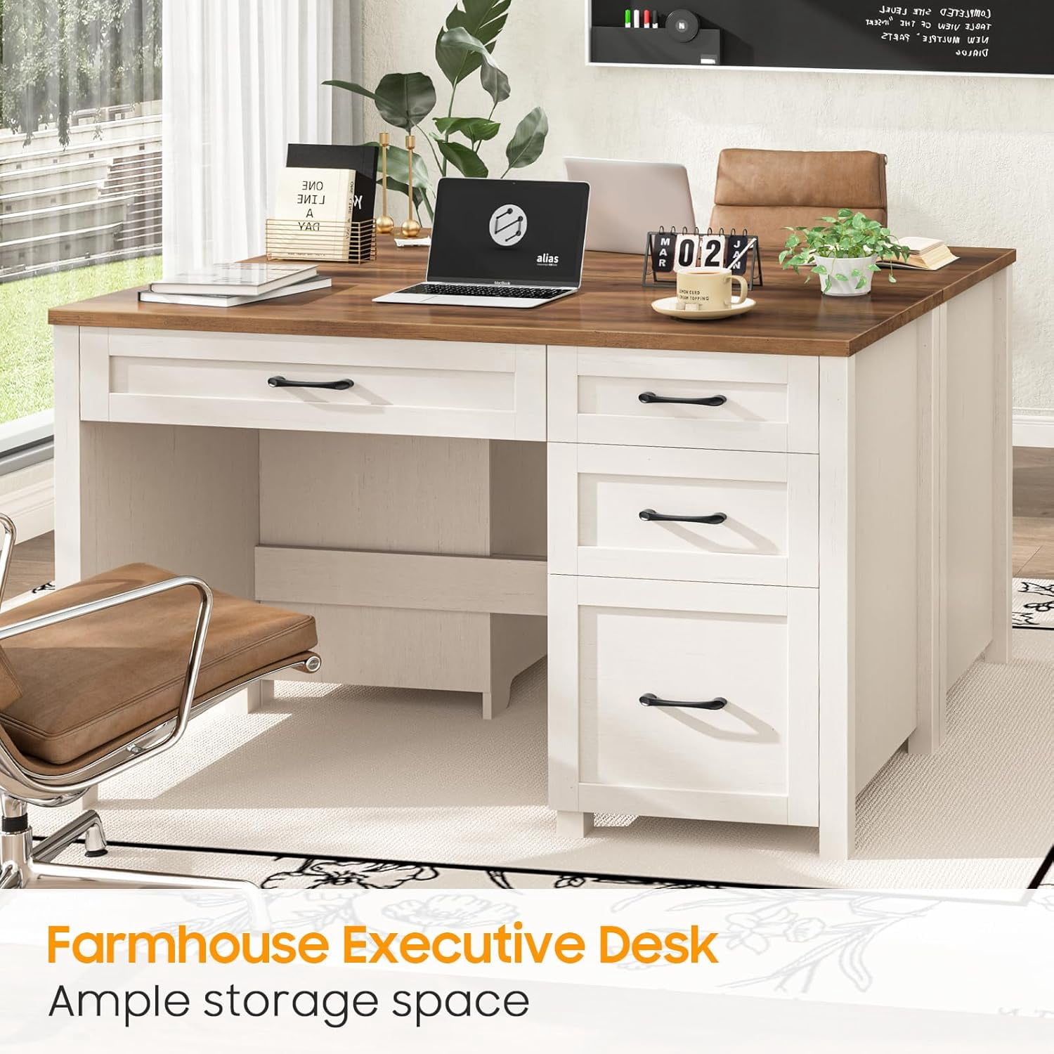 Farmhouse 47" Executive Desk with File Drawer, Wood Computer Desk with 3 Storage Drawers, Workstation for Home Office, Study, Writing(Unique White)
