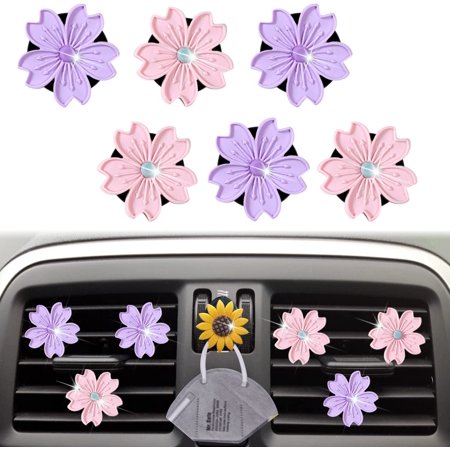Cute Daisy Air Vent Clips  6 Pcs Flower Car Air Fresheners Vent Clips Car Diffuser Vent Clip Charm Car Decoration for Women Cute Car Interior Decor Car Accessories + Sunflower Mask Hook (Purple&Pink)