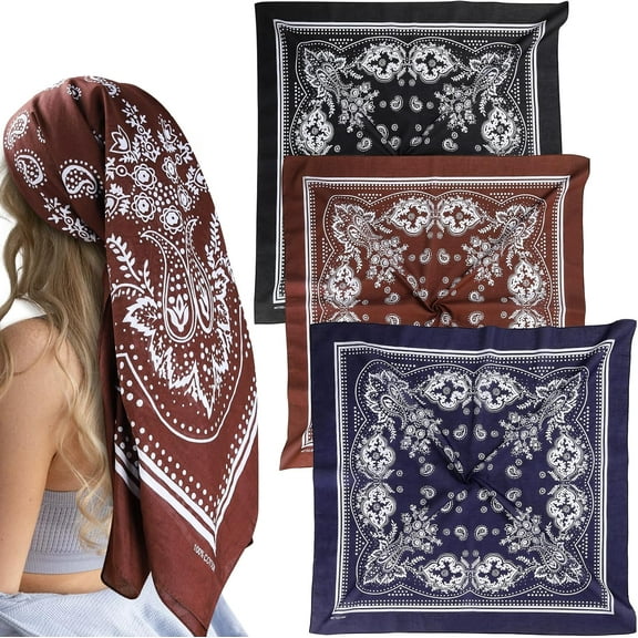 MGEZCOO 100% Cotton 35" x 35" Large Head Scarf for Women‘s Hair, 3 Pcs Versatile Square Hair Scarves Huge Bandanas, Shawl Wraps for Women