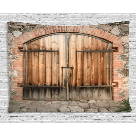 Wrought Iron Wall Hanging - Rustic Tapestry, Wooden Door of a Stone House with Wrought Iron Elements Tuscany Architecture Photo, Wall Hanging for Bedroom Living Room Dorm Decor, 60W X 40L Inches, Brown Grey, by Ambesonne
