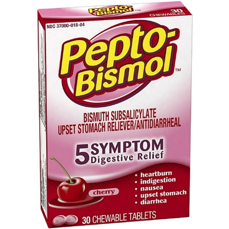 Pepto-Bismol 5 Symptoms Digestive Relief Chewable Tablets, Cherry 30 (Best Remedy For Upset Stomach And Vomiting)