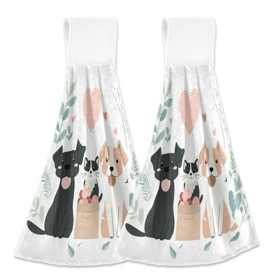 2pcs Kitchen Hanging Towels Bathroom Hanging Towels Velcro Soft Hand Towel Absorbent Tie Towels for Kitchen Toilet Tea Bar Washcloth Decor Dogs and Cat