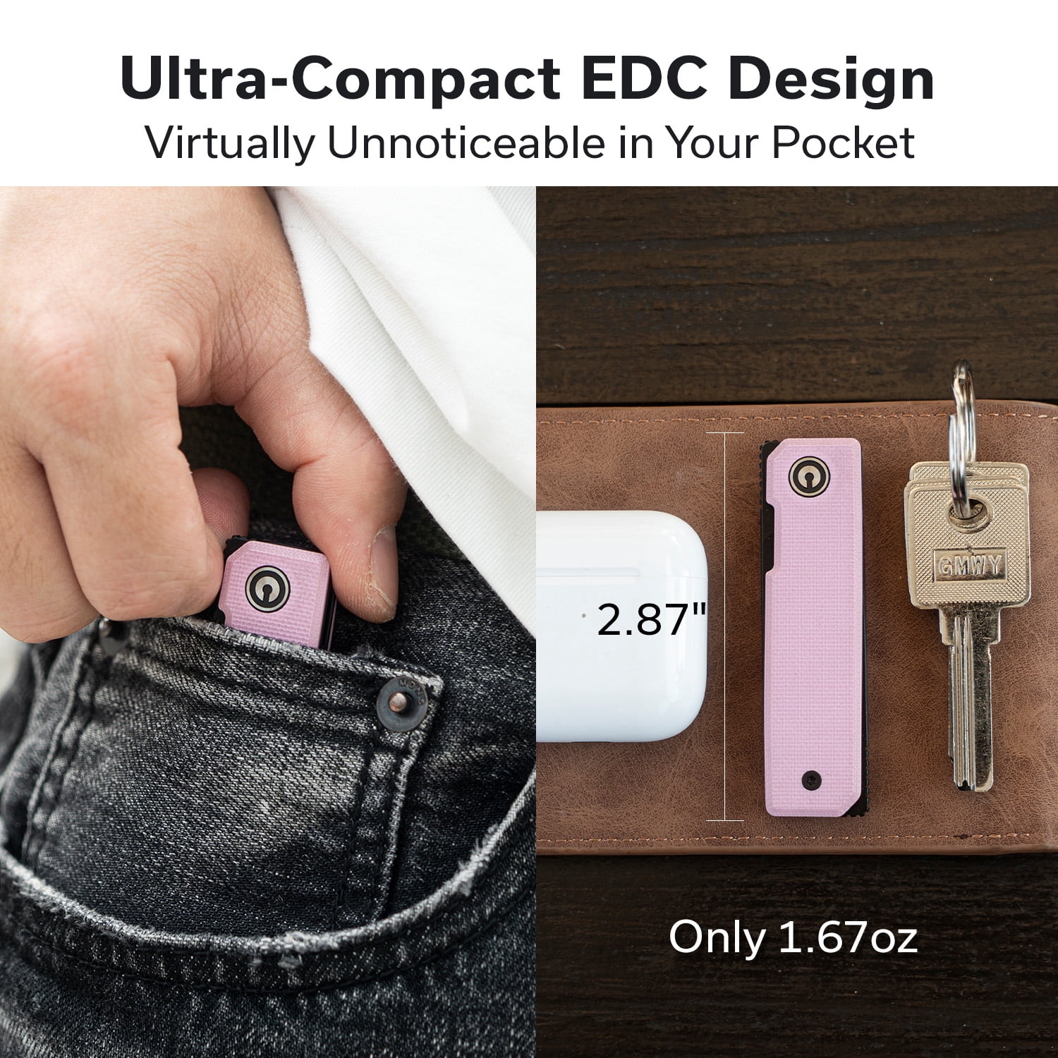CIVIVI Kukei Small Pocket Knife Folding Knife with 2.02" Black Stonewashed Nitro-V Blade Powder Pink G10 Handle C25036-1, With 1PC Black Leather Sheath