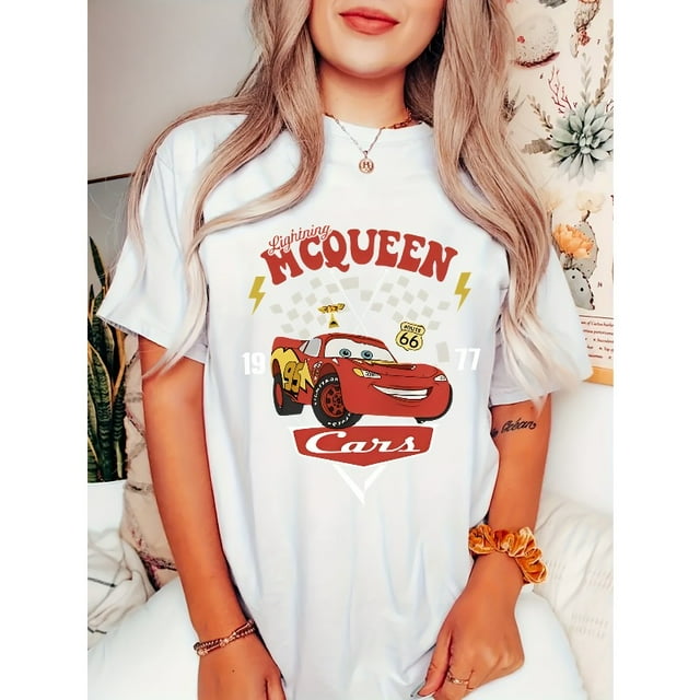 T-Shirt d'Été à Manches Courtes Cars Lightning McQueen pour Femmes, Col Rond, Imprimé Course Rapide, Quatre Saisons