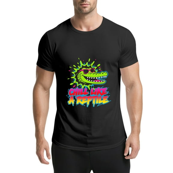 Black T Shirts for Men, Alligator,Sunglasses,Chill Like A Reptile,Graphic Mens Graphic Tees, 25060568,S