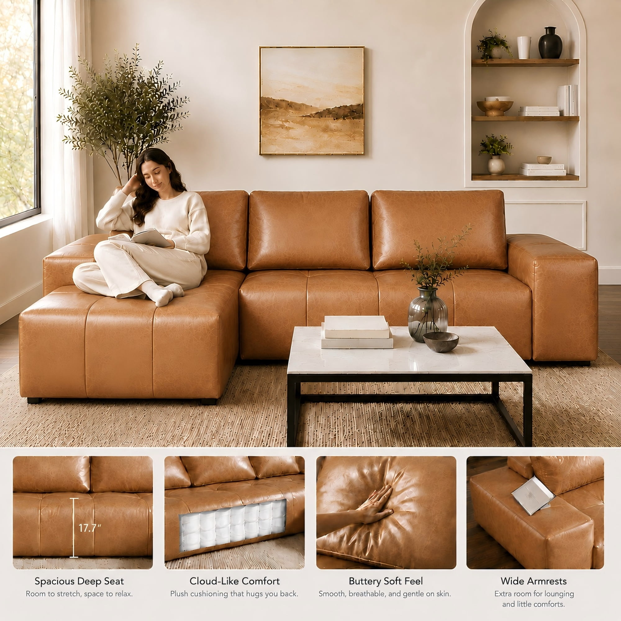 Aenkyo 114" Faux Leather L-Shaped Sectional Sofa with Left Hand Chaise, Boneless Modular Couch, Ginger
