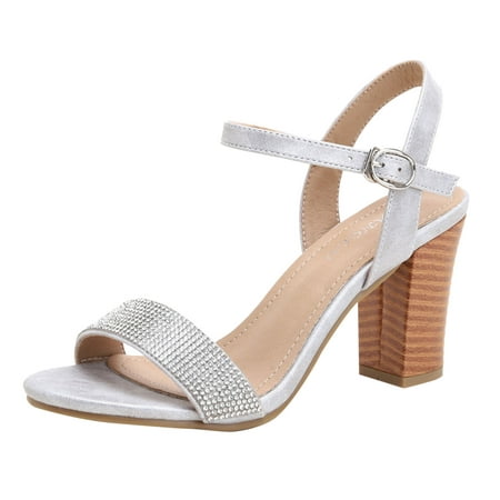 

Ramiter Womens Shoes Heels for Women Women Sandals Simple And Fashionable Straight Buckle Rhinestone Comfortable Square Heel Thick Heel Silver
