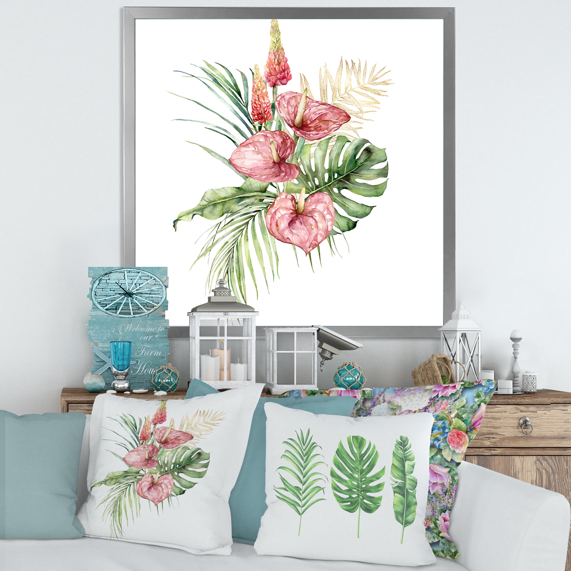 Designart 'Tropical Bouquet With Anthurium Lupine and Leaves On White I' Traditional Framed Art Print