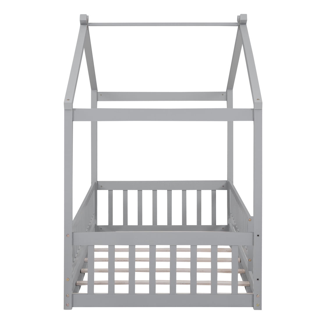 Twin Size House Floor Bed with Roof, Wooden Montessori Floor Bed Frame with Safety Fence and Wooden Slats, Montessori House Floor Bed for Boys and Girls, Gray